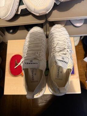 CHANEL Women Off-White Quilted Knit Sneakers